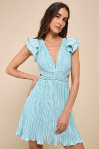 Captivating Delight Teal Blue Plisse Satin Lace-Up Mini Dress