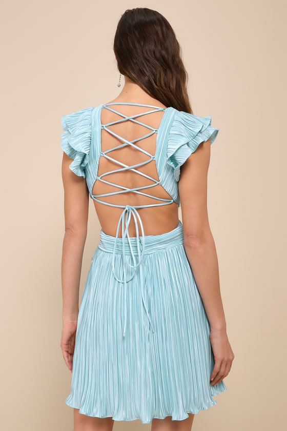 Lulus Captivating Delight Teal Blue Plisse Satin Lace-up Mini Dress In Teal Blue