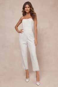 Redefined Elegance White Floral Lace Sequin Strapless Jumpsuit