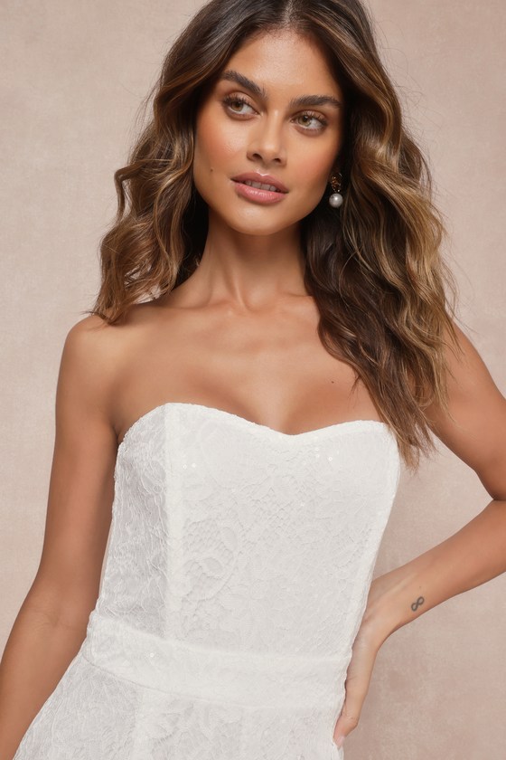 Shop Lulus Redefined Elegance White Floral Lace Sequin Strapless Jumpsuit