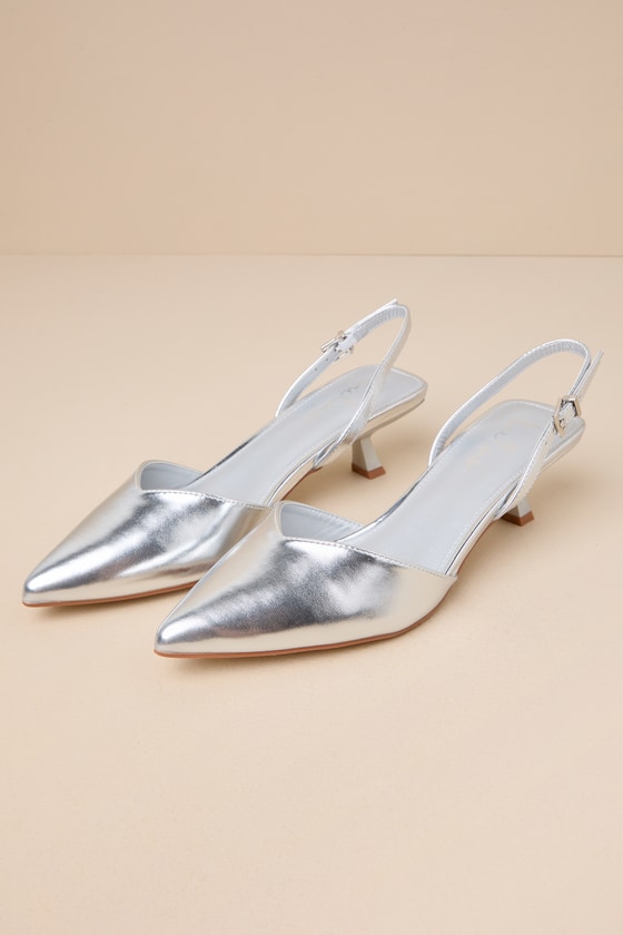 Silver Kitten Heel Pumps - Slingback Pumps - Pointed-Toe Pumps - Lulus