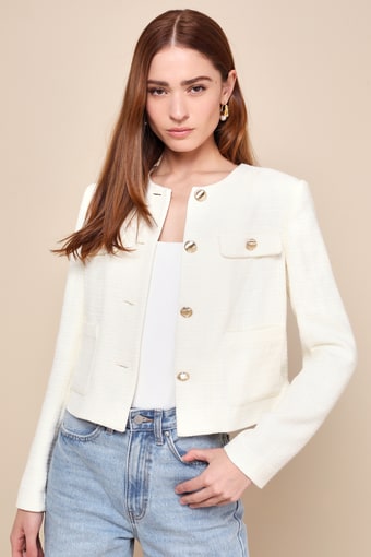 undeniably Poised Cream Tweed Crew Neck Button-Front Blazer 1