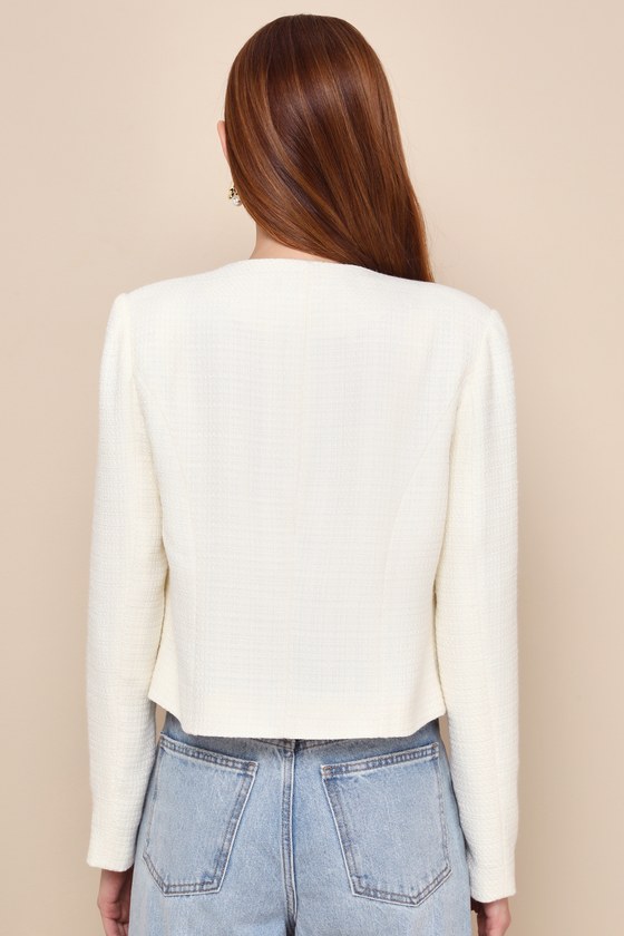 LULUS UNDENIABLY POISED CREAM TWEED CREW NECK BUTTON-FRONT BLAZER