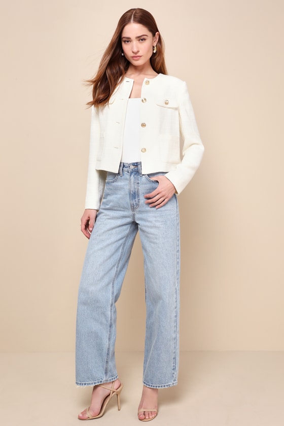 LULUS UNDENIABLY POISED CREAM TWEED CREW NECK BUTTON-FRONT BLAZER