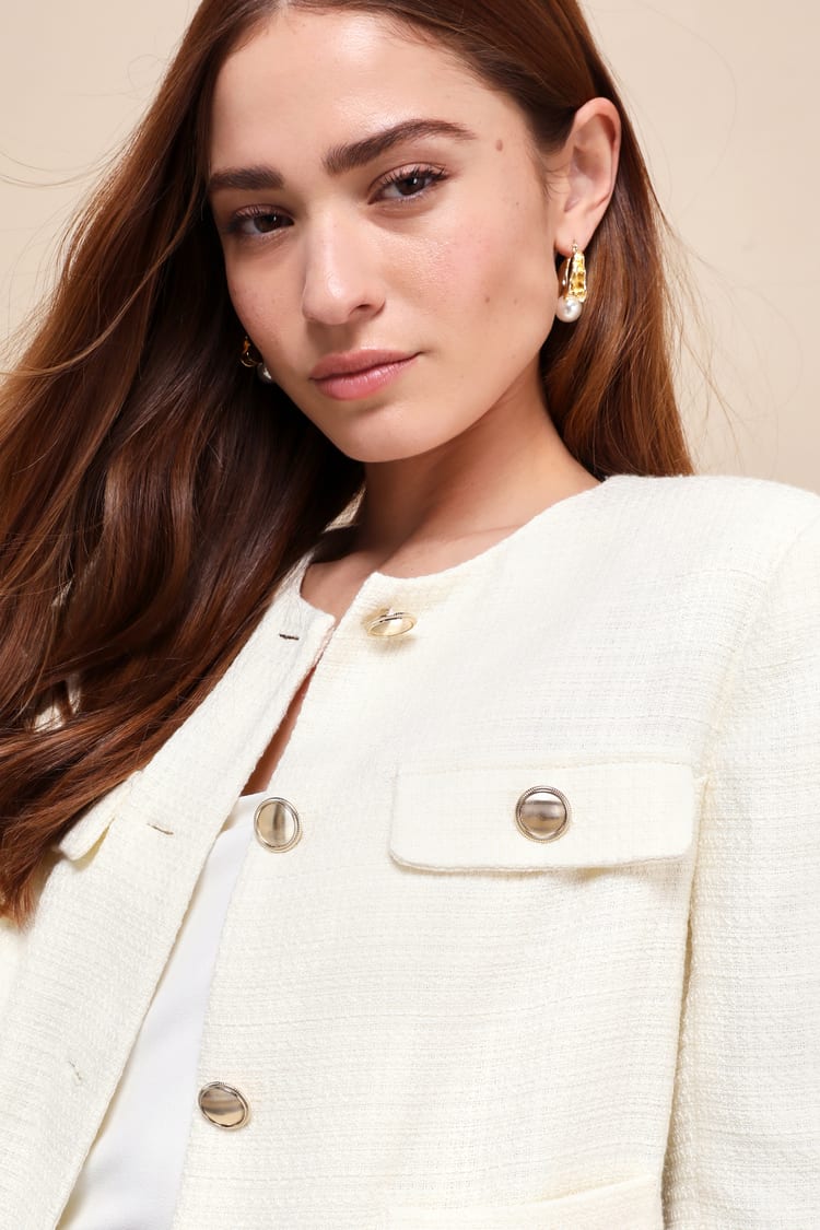 Undeniably Poised Cream Tweed Crew Neck Button-Front Blazer