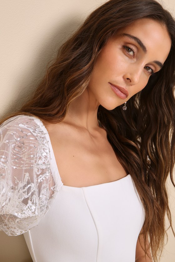 Lulus Sparkly Charisma White Sequin Off-the-shoulder Mini Dress In White
