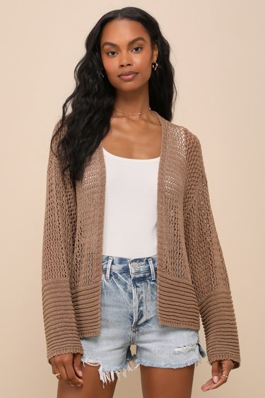 Brown Sheer Sweater Loose-Knit Sweater Cute Cardigan Sweater