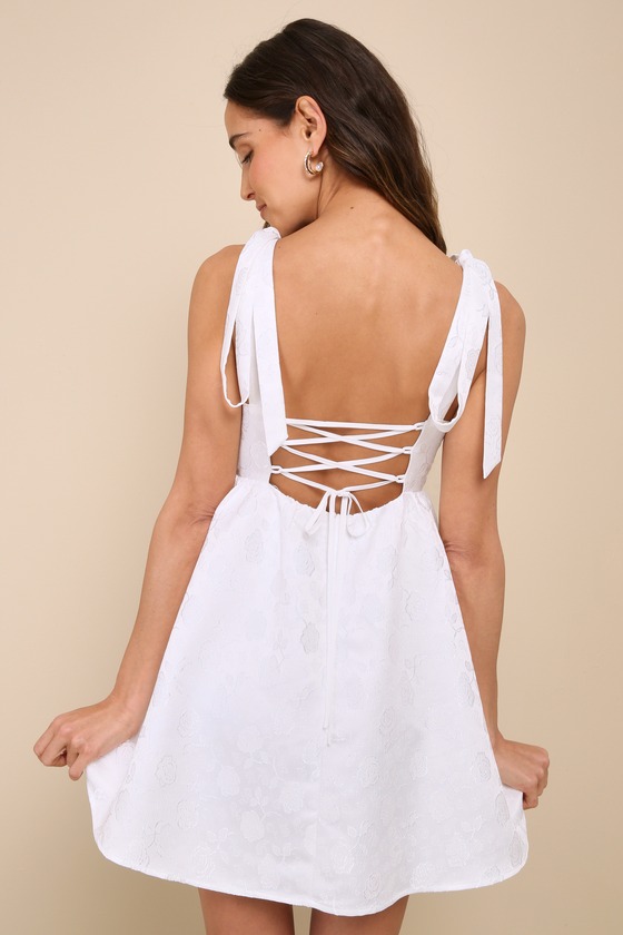 Precious Allure White Jacquard Tie-Strap Lace-Up Mini Dress 3