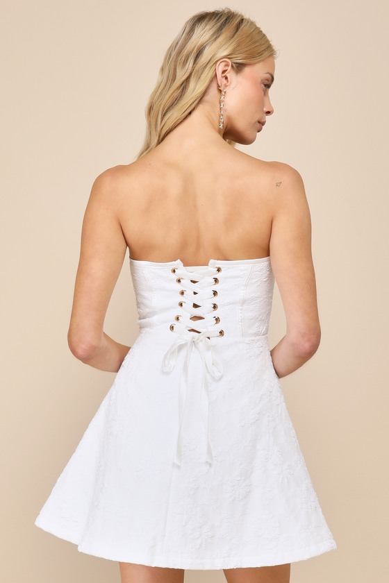 Most Adorable White Floral Jacquard Strapless Lace-Up Mini Dress 2