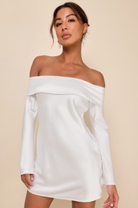 Luxurious Vision White Satin Off-the-Shoulder Mini Dress