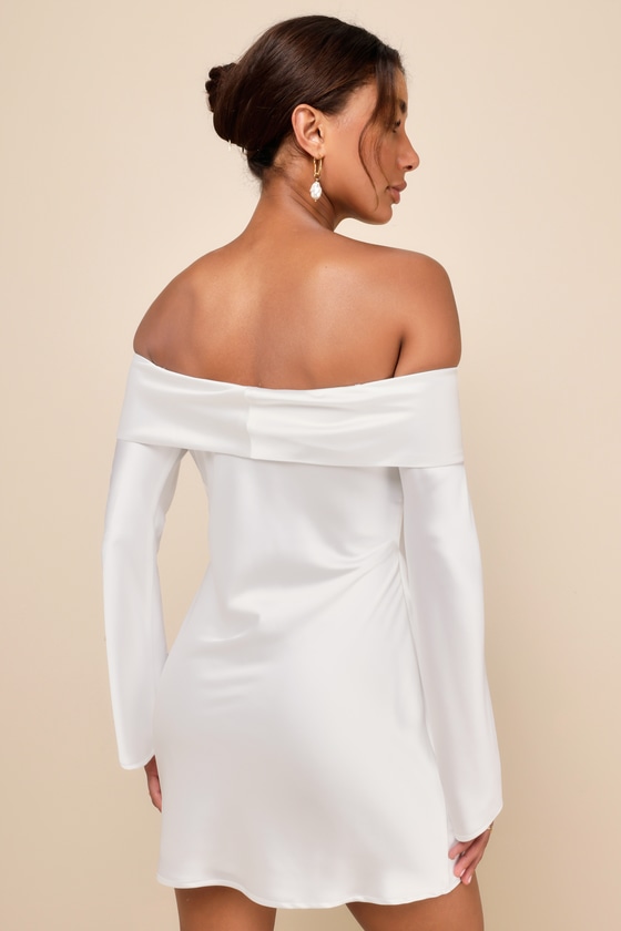 Lulus Luxurious Vision White Satin Off-the-shoulder Mini Dress In White