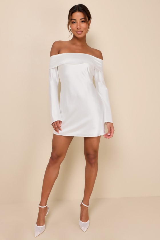 Lulus Luxurious Vision White Satin Off-the-shoulder Mini Dress In White