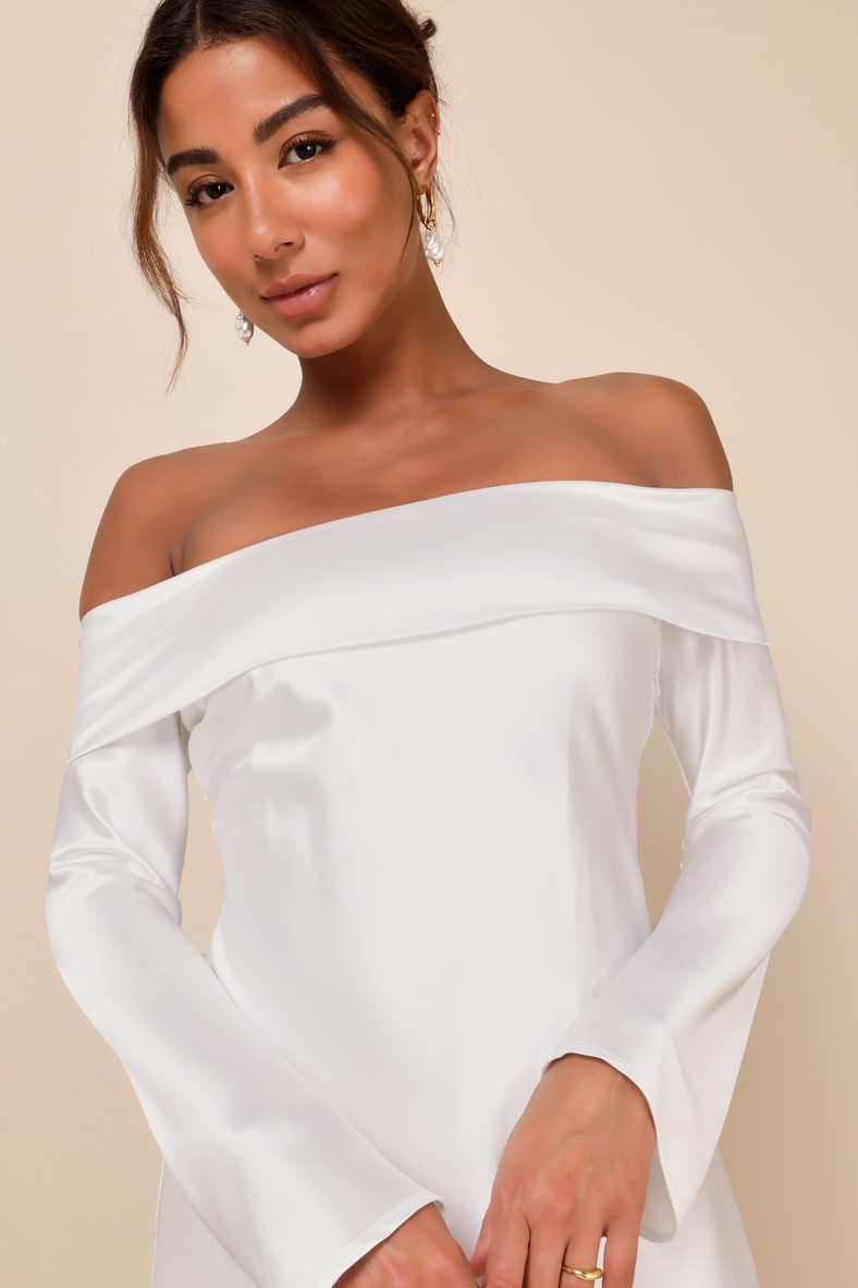 Luxurious Vision White Satin Off-the-Shoulder Mini Dress