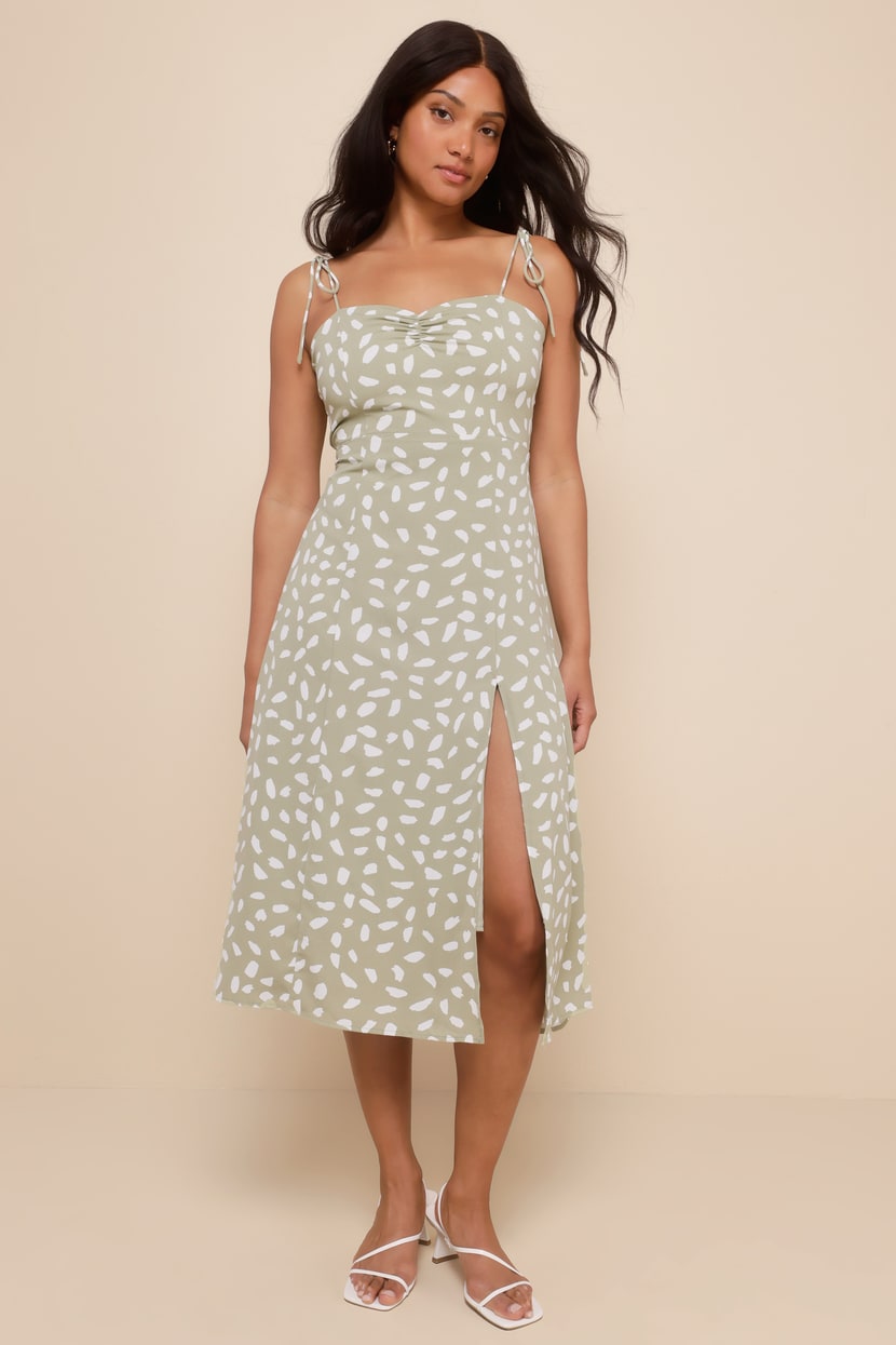Party in Paris Sage Green Print Tie-Strap Midi Dress