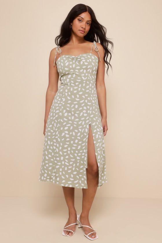 Party in Paris Sage Green Print Tie-Strap Midi Dress