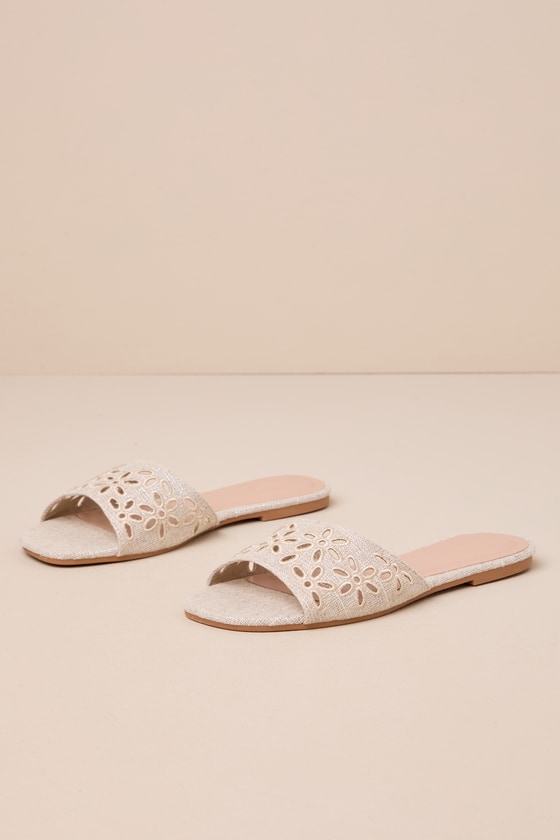 Lulus Huela Natural Linen Sparkly Floral Cutout Slide Sandals In Beige