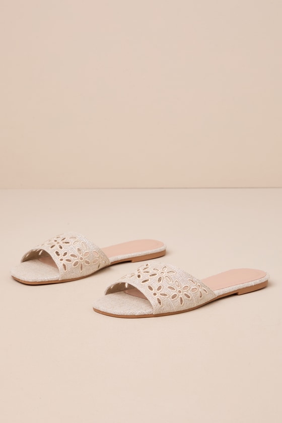 Huela Natural Linen Sparkly Floral Cutout Slide Sandals 1