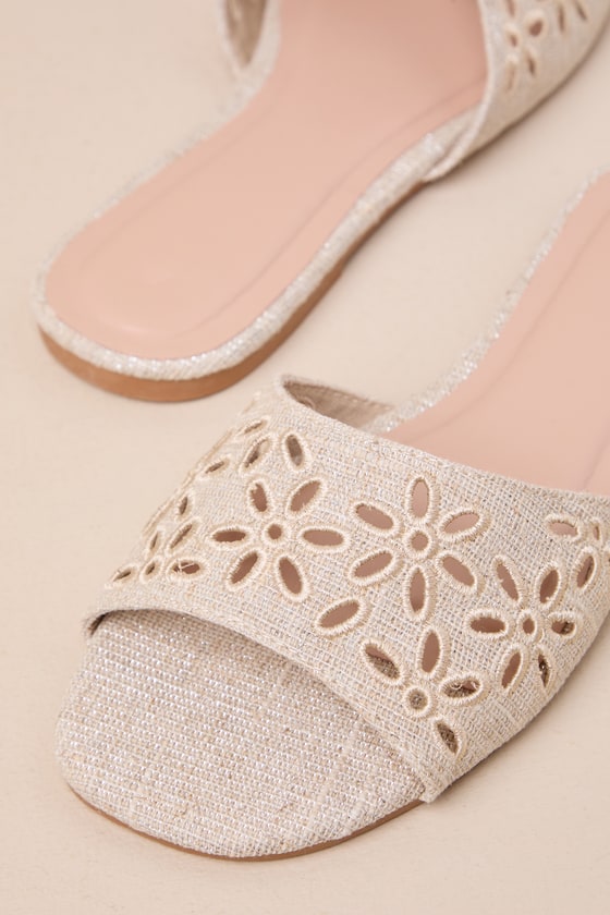 Shop Lulus Huela Natural Linen Sparkly Floral Cutout Slide Sandals In Beige