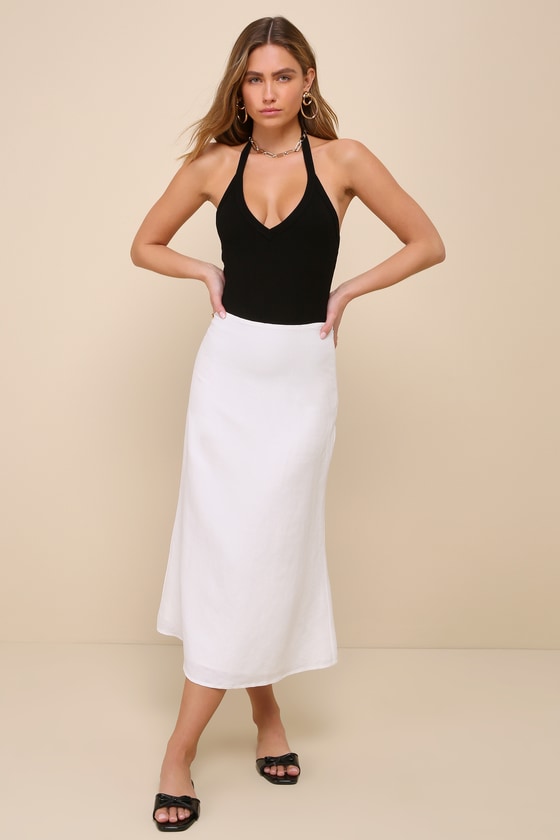 LULUS CHIC CONTENTMENT BLACK RIBBED SLEEVELESS HALTER BODYSUIT
