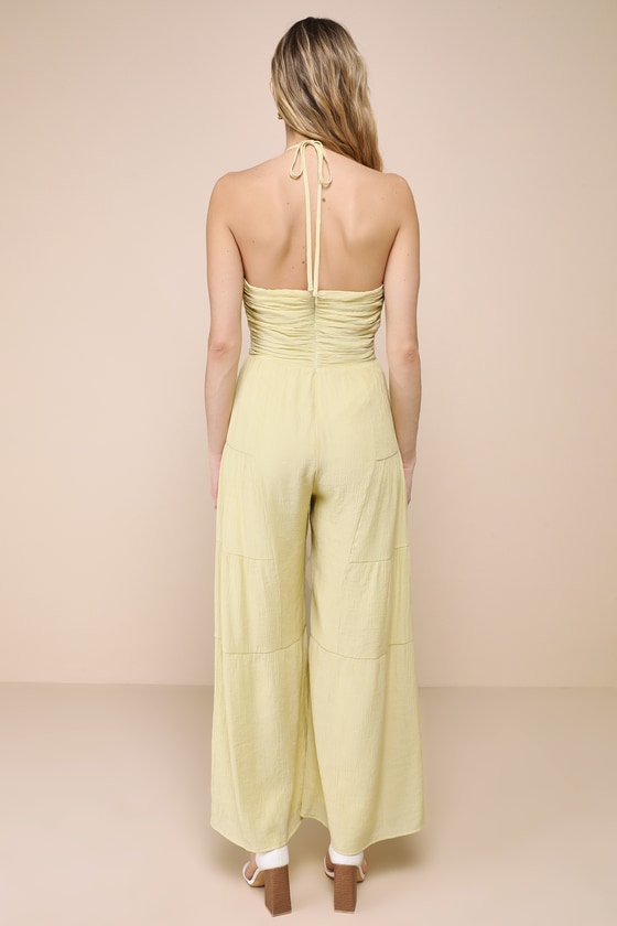 Vacay Charisma Light Yellow Textured Tiered Halter Jumpsuit 2