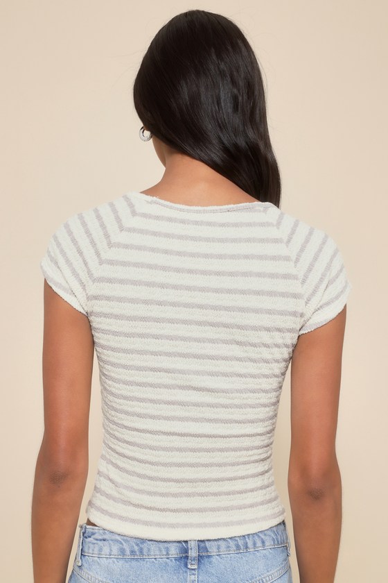 Lulus Perfect Ease Cream Striped Crinkle Short Sleeve Tee In White