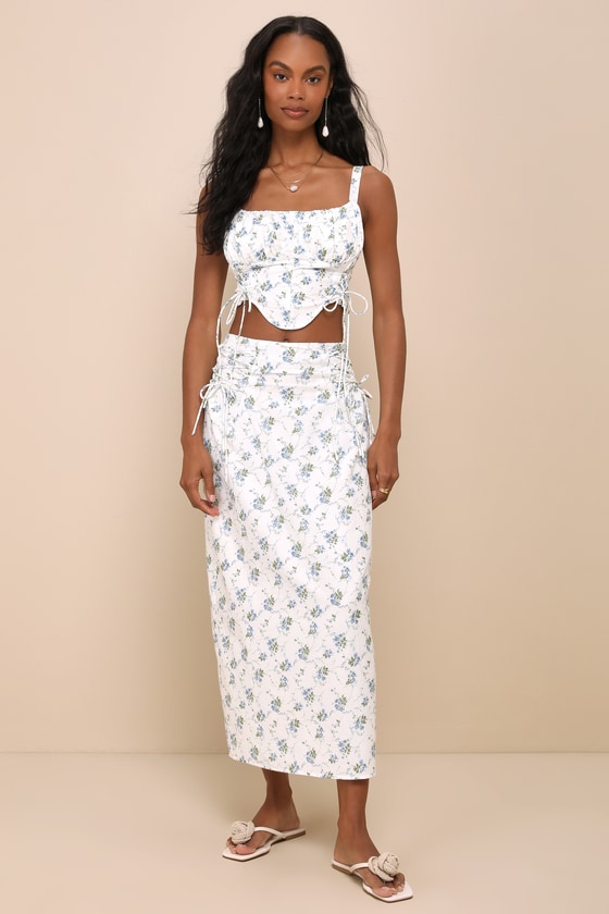 Darling Expertise White Floral Lace-Up Midi Skirt 1
