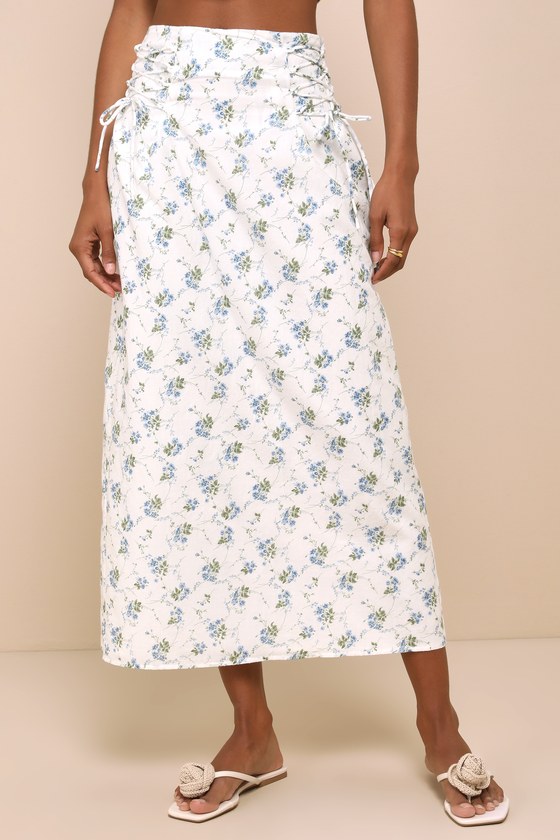 Darling Expertise White Floral Lace-Up Midi Skirt 2