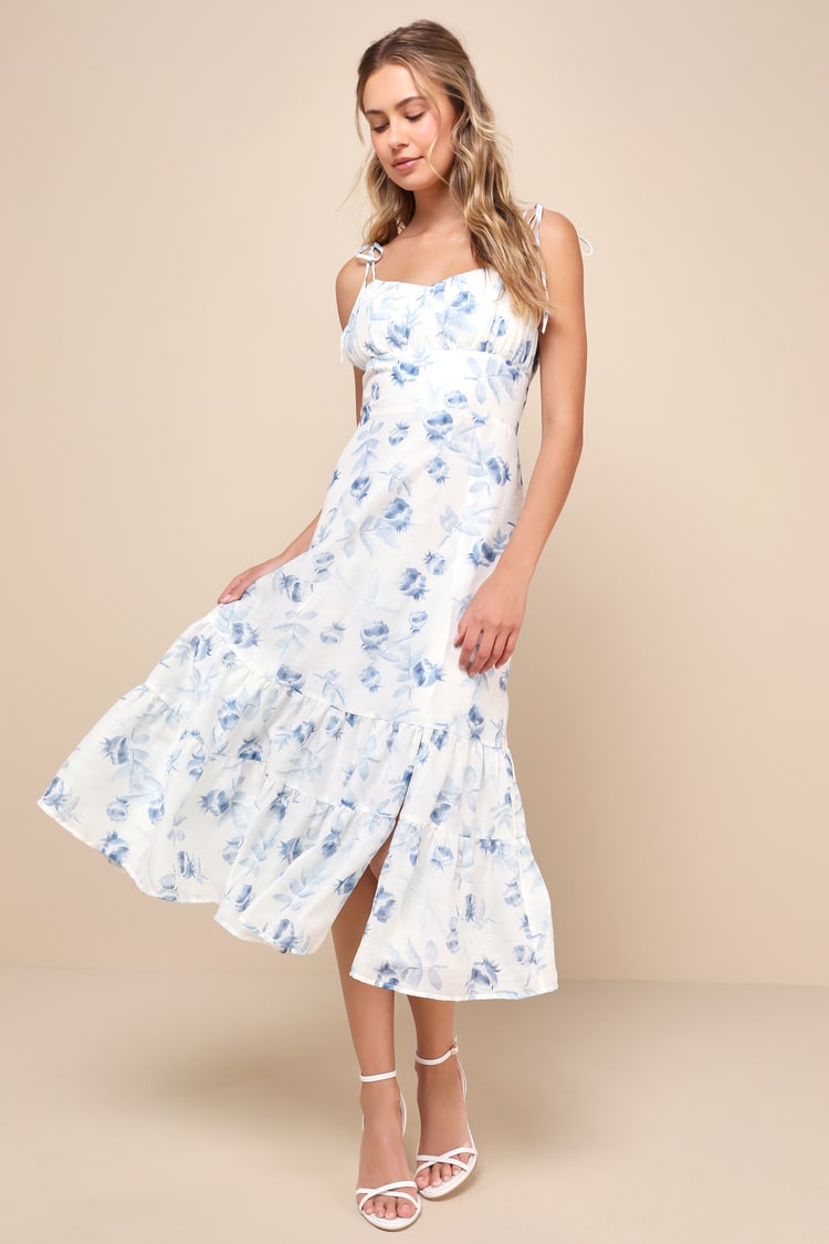 Ivory Floral Print Dress - Tiered Dress - Tie-Strap Midi Dress - Lulus