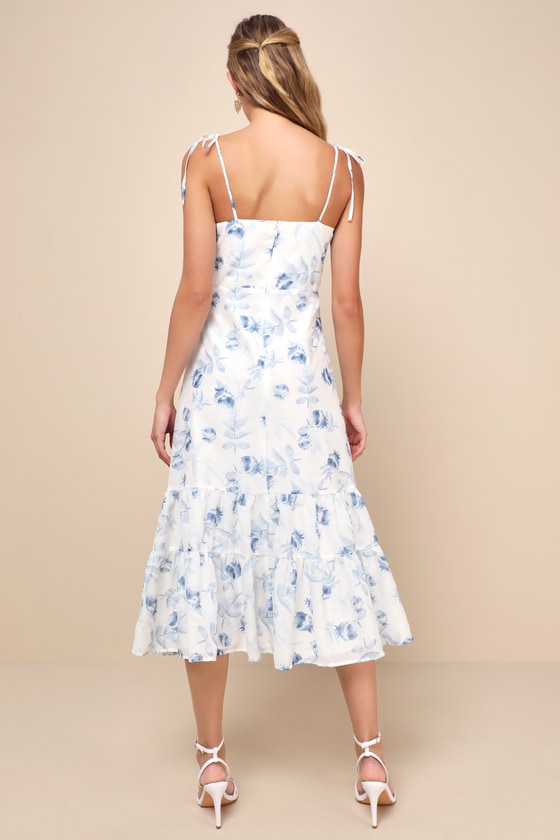 Floral Border Tie Strap Midi Dress