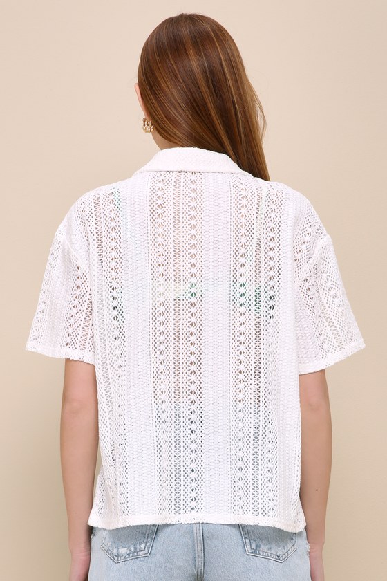 Lulus Breezy Disposition Ivory Sheer Crochet Collared Short Sleeve Top In Ivory