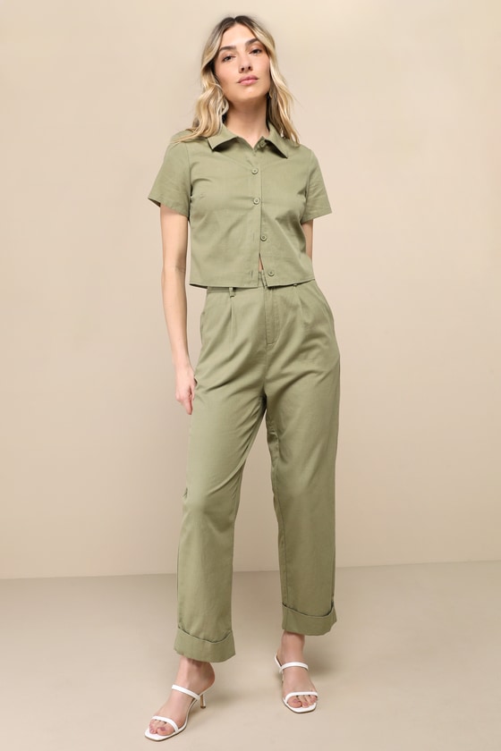 Shop Lulus Complete Vibe Olive Green Cotton High-rise Straight Leg Pants