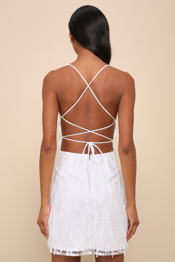 Making Magic White Fringe Lace-Up Mini Dress 7