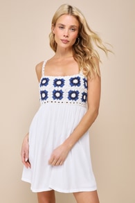 Sunny Essence White and Blue Crochet Lace-Up Mini Dress