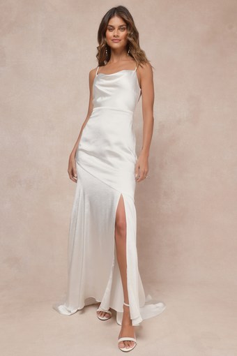 Passionate Allure Ivory Satin Backless Cowl Neck Maxi Dress