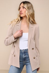 Polished Choice Taupe and White Striped Double Breasted Blazer