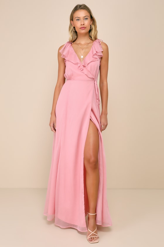 Lulus Adorable Elegance Pink Chiffon Ruffled Backless Wrap Maxi Dress