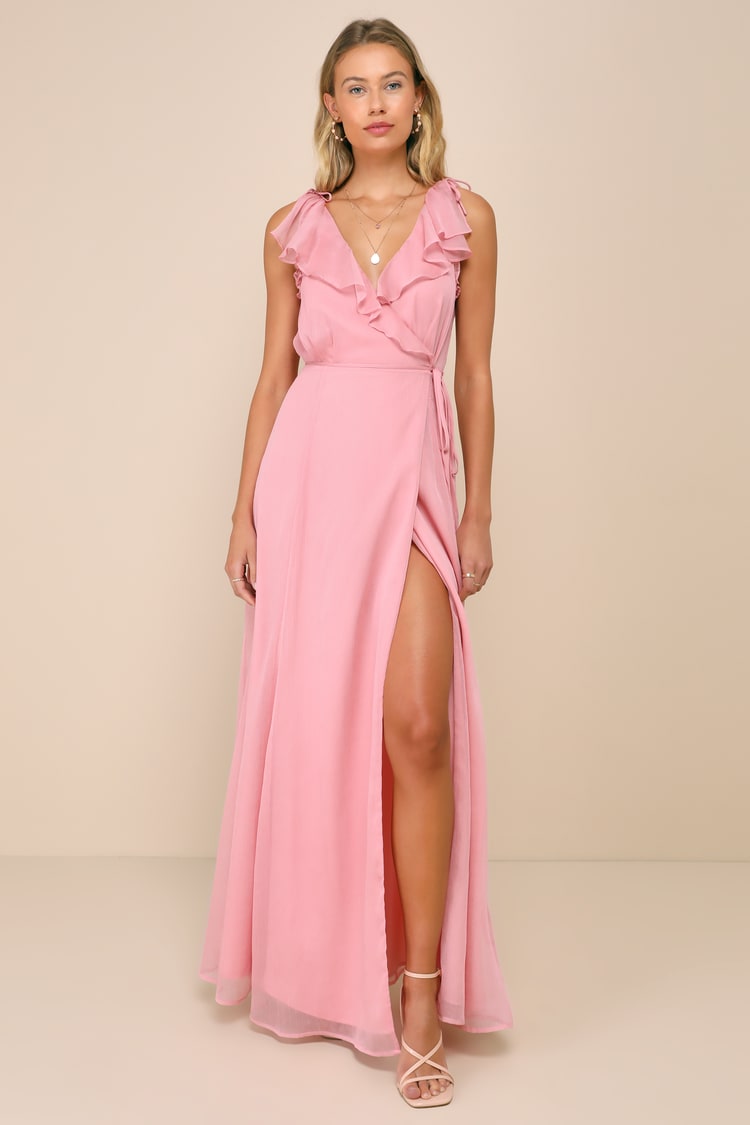 Pink Chiffon Dress - Ruffled Tie-Back Dress - Maxi Wrap Dress
