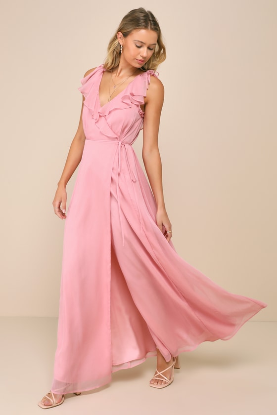 Shop Lulus Adorable Elegance Pink Chiffon Ruffled Backless Wrap Maxi Dress