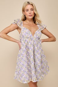 Charming Pick Lavender Multi Mesh Ruffled Rosette Mini Dress