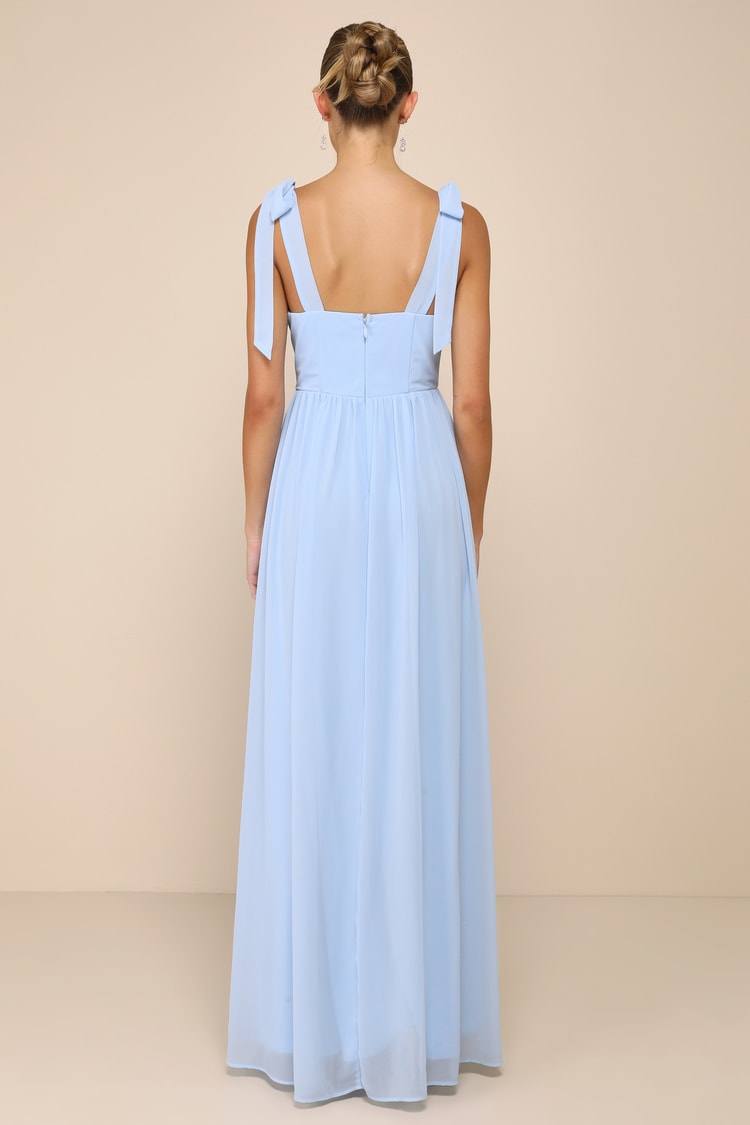 Radiant Charisma Light Blue Chiffon Ruched Tie-Strap Maxi Dress