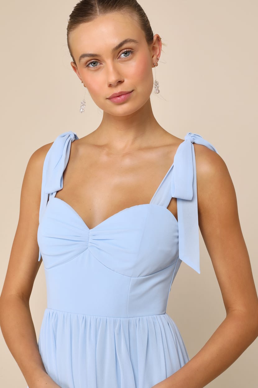 Radiant Charisma Light Blue Chiffon Ruched Tie-Strap Maxi Dress