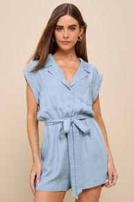 Sweet Pursuit Light Wash Chambray Collared Romper