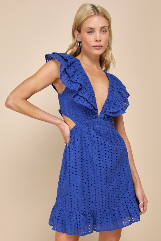 Royal Blue Eyelet Dress - Embroidered Backless Dress - Mini Dress - Lulus