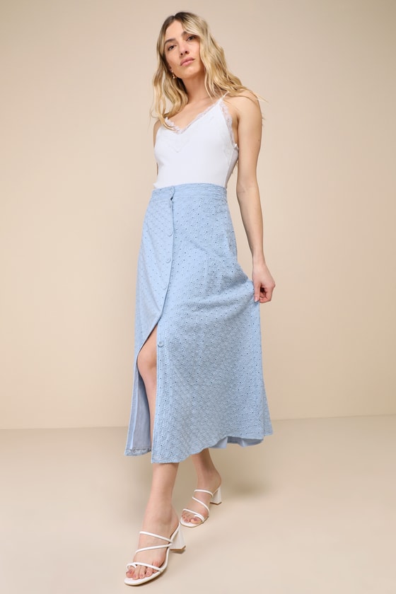 Cute Sweetness Light Blue Eyelet Embroidered Midi Skirt 5