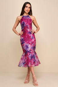 Admirable Essence Magenta Floral Organza Trumpet Midi Dress 1