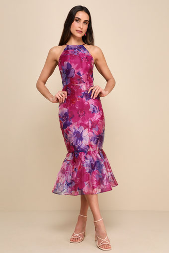 Admirable Essence Magenta Floral Organza Trumpet Midi Dress 1