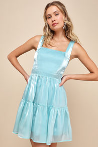 Thriving Darling Shiny Teal Blue Sleeveless Tiered Mini Dress