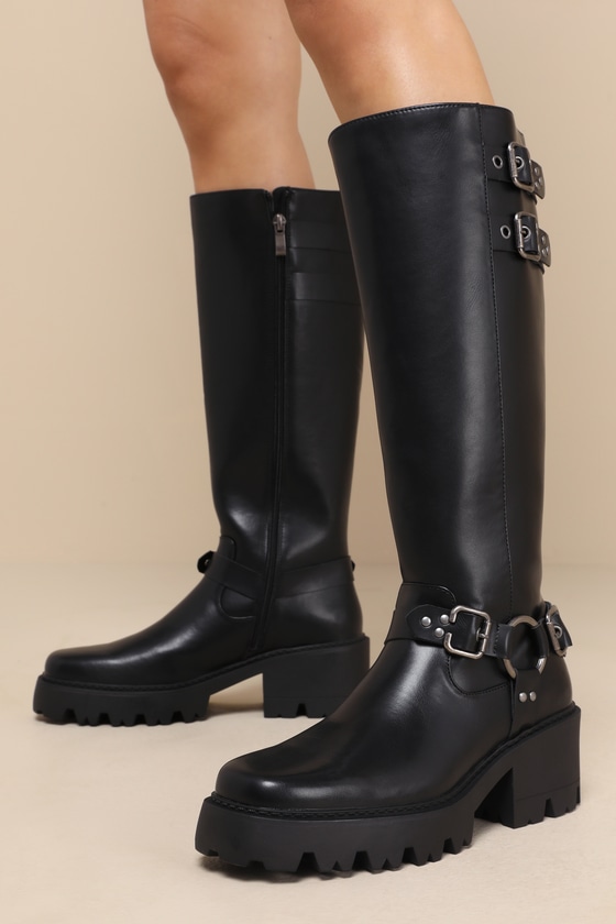 Adlery Black Belted Knee-High Moto Boots 1