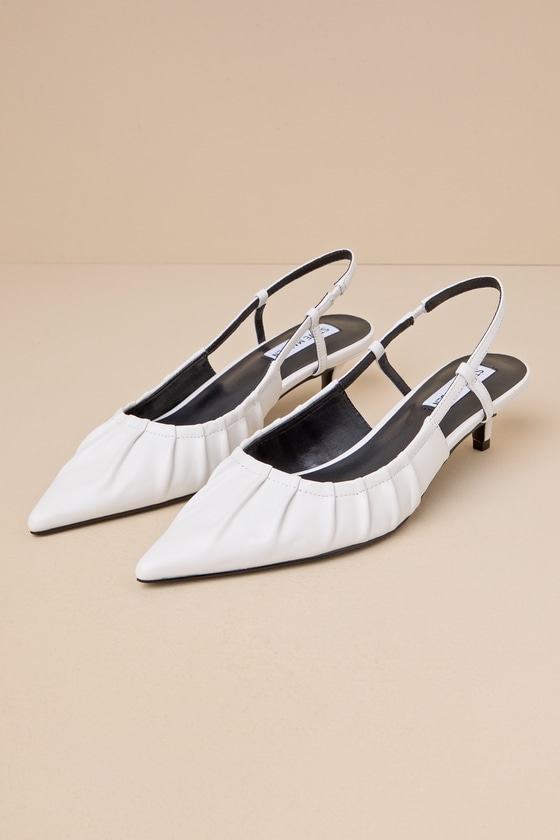 Syrie White Leather Pointed-Toe Slingback Kitten Heel Pumps 1