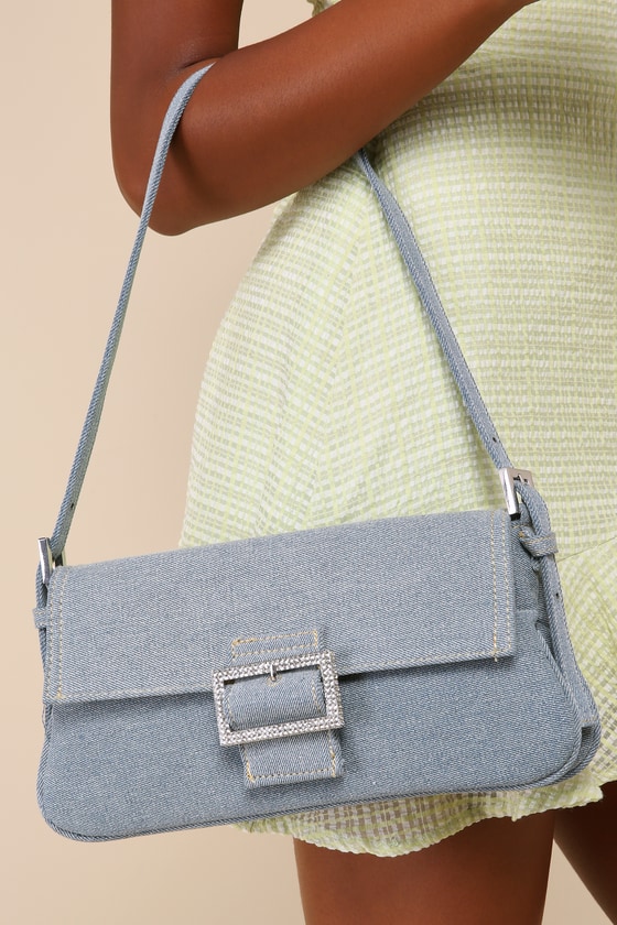 Let's Be Trends Light Blue Denim Rhinestone Buckle Shoulder Bag 6